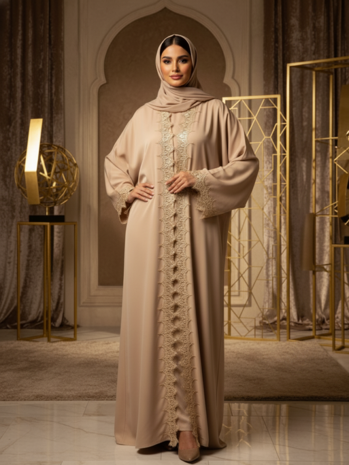 Premium Crepe Closed Abaya with Golden Lace Embroidery – Beige | Luxury Modest Wear Dubai
